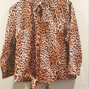 Chico's No-Iron Lepard Print Button Down Front Tie Blouse 3 Quarter Sleeve Size1